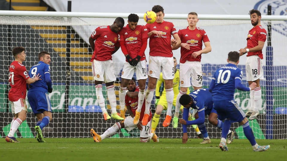 James Maddison free kick after Bailly foul Leicester Manchester United