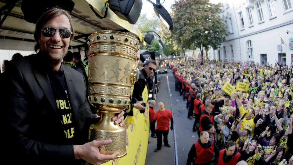 Jurgen Klopp with German Cup in 2012 with Dortmund fans