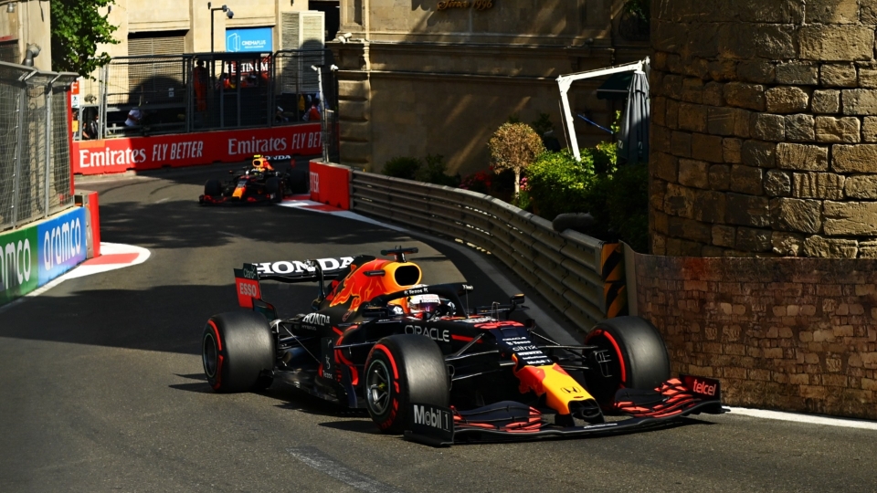 Max Verstappen leads Sergio Perez in Baku